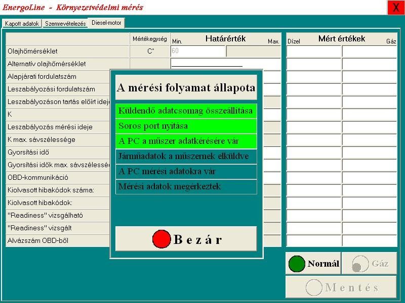 4. ábra A mérési folyamat állapota (4. ábra) panelon követhető a mérőműszer és az Energoline közötti kommunikáció lépései: 1.