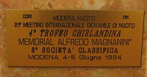 Réztábla felirata: Modena Nuoto 21 Meeting Internazionale