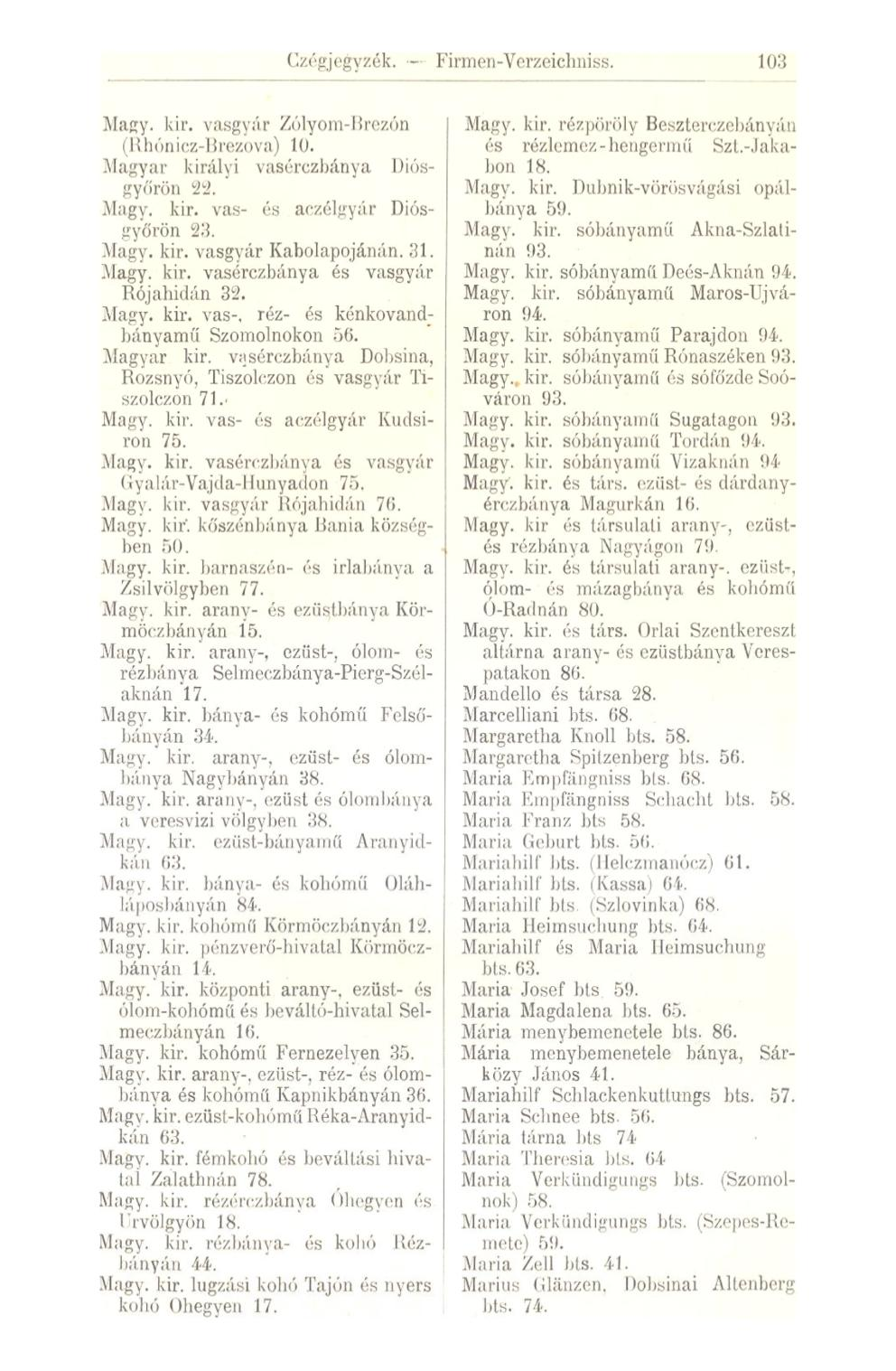 Czégjegyzék. - Firmen-Verzeichniss. 103 Magy. kir. vasgyár Zólyom-Brezón (luióniez-brczova) 10. Magyar királyi vasérczbánya Diósgyőrön 22. Magy. kir. vas- és aczélgyár Diósgyőrön 23. Magy. kir. vasgyár Kabolapojánán.