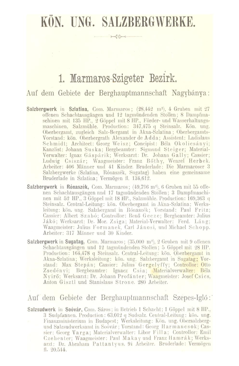 KÖN. UNG. SALZBERGWERKE. - ; >-<re~ 1. larmaros-szigeter Bezirk. Auf dem Gebiete der Berghauptmannschaft Nagybánya: Salzbergwerk in Szlatina, Com.