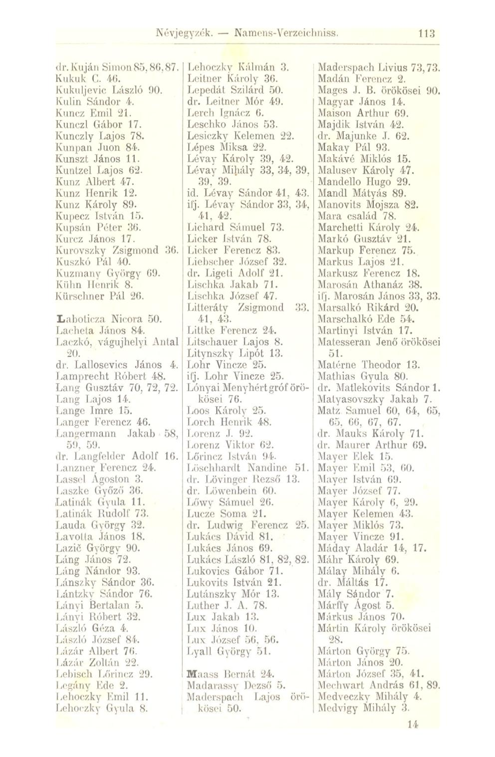 Névjegyzék. Namens-Verzeichniss. 113 dr. Kuján Simon85.80,87. Kukuk C. 46. Kukuljevie Ij.'iszló 90. Kulin Sándor 4. Knur/ Kuiil 21. Kunczl Gábor 17. Kunczly Lajos 78. Kunpan Juon 84. Kunszt János 11.