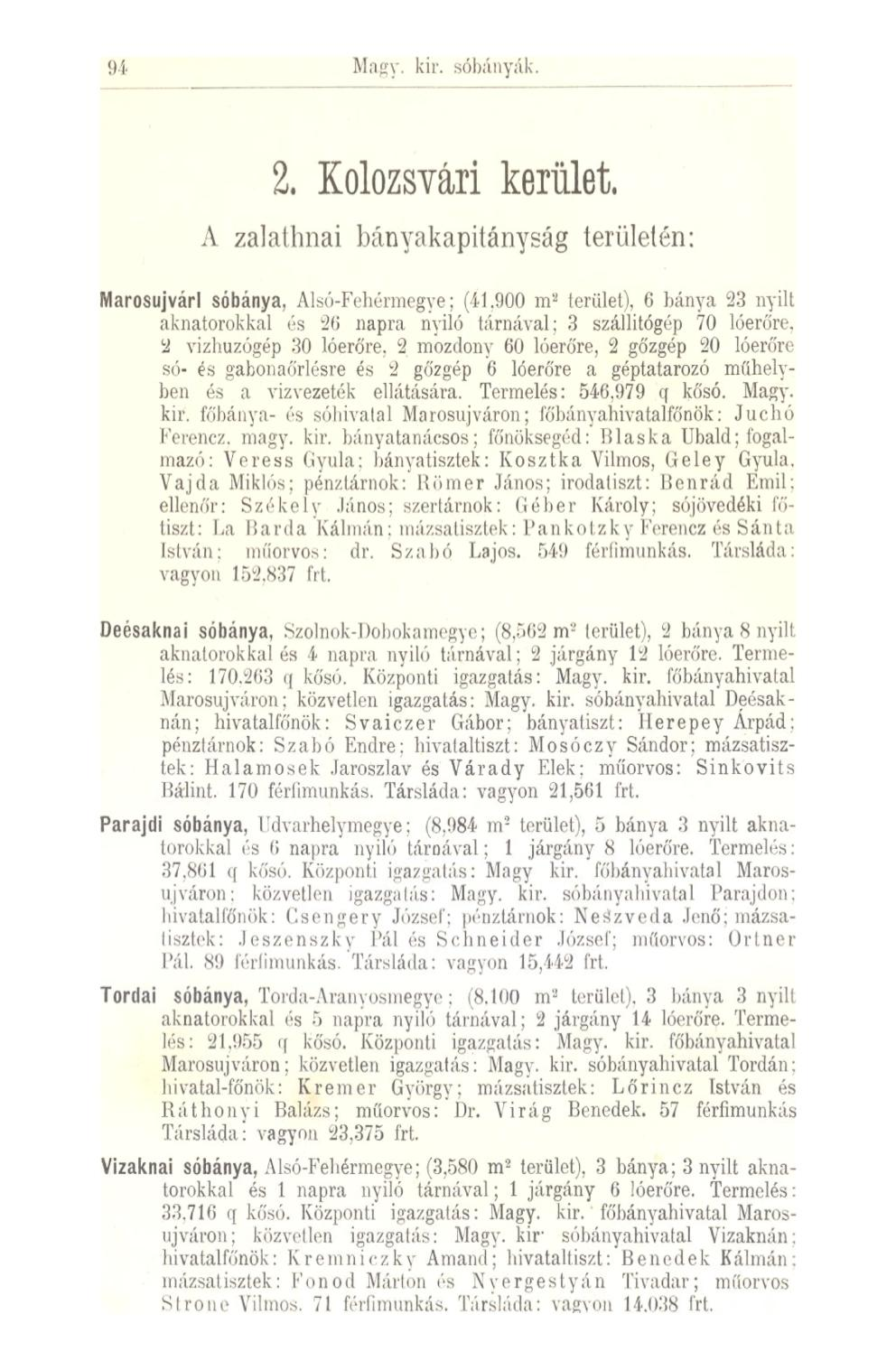 94 Magy. kir. sóbányák. 2. Kolozsvári kerület. A zalathnai bányakapitányság területén; Marosujvárl sóbánya, Alsó-Fehérmegye; (41.