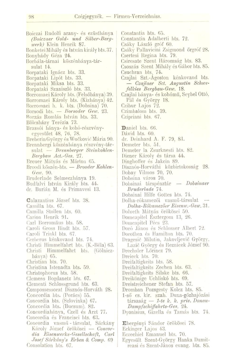 98 Czégjegyzék. Firmen-Verzeichniss. Boiczai Rudolfi arany- ós ezüstbánya I (Boiczaer Gold- und Silber-Bergwerk) Klein Henrik 87. Bonketei Mihály és István király bts. 37. Bonyhácly Géza 24.