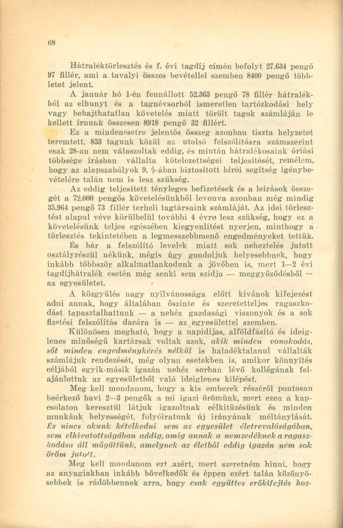Hátraléktörlesztés és f. évi tagdíj címén befolyt 27.634 pengő 97 fillér, ami a tavalyi összes bevétellel szemben 8400 pengő többletet jelent A január bó 1-én fennállott 52.