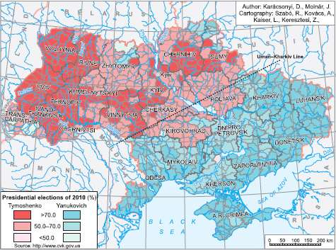 Választási földrajzi: jobboldali, ukrán nemzeti, illetve európai orientációjú, nyugatbarát retorikájú pártok és jelöltek támogatása nyugaton baloldali, szovjet szocialista nosztalgiára építő,