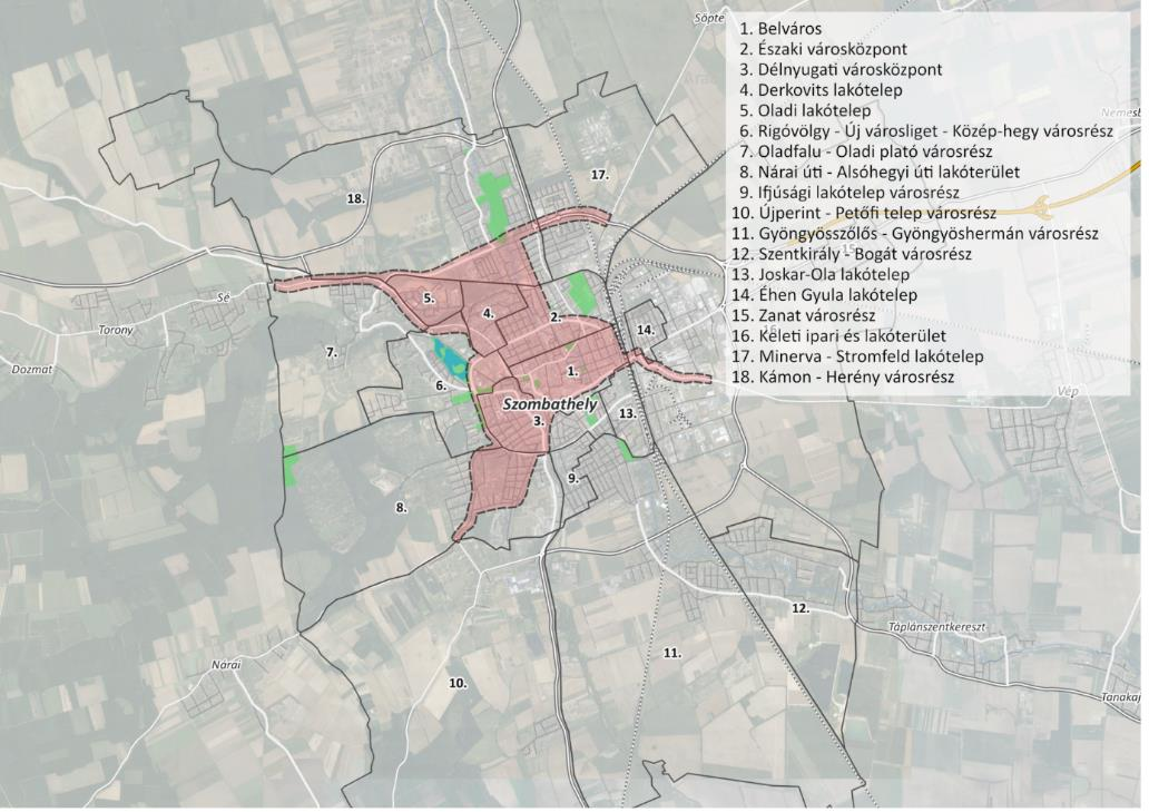 9. térkép: A kijelölt hatásterület és a városrészek lefedettsége 14 A kerékpárforgalmi hálózati terv keretében kijelölt hatásterület több olyan területet is magába foglal, ahol nagyobb szabású, a