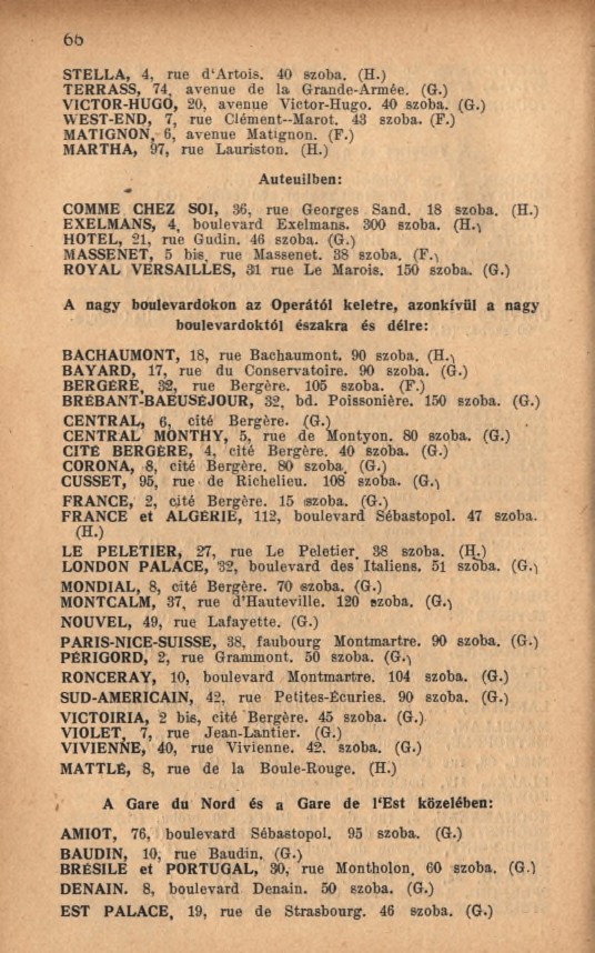 6 b STELLA, 4, rue d Artois. 40 szoba. (H.) TERRASS, 74, avenue de la Grande-Armée. (G.) VICTOR-HUGO, 20, avenue Victor-Hugo. 40 szoba. (G.) WEST-END, 7, rue Clément-Marot. 43 szoba. (F.