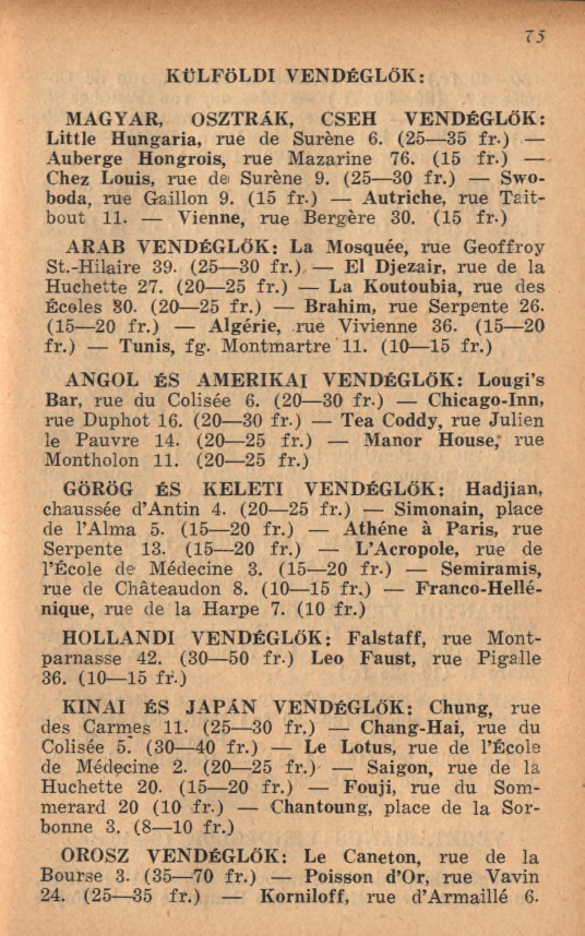 KÜLFÖLDI VENDÉGLŐK: MAGYAR, OSZTRÁK, CSEH VENDÉGLŐK: Little H ungária, rue de Suréne 6. (25 35 fr.) Auberge Hongrois, rue M azarine 76. (15 fr.) Chez Louis, rue dei Surène 9. (25 30 fr.