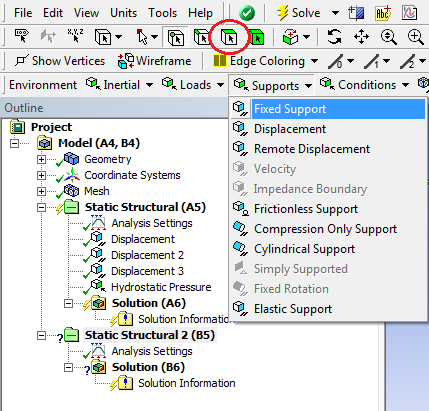 Jelöljük ki a modellfán a Static Structural 2 (B5)-öt, és kattintsunk a Supports alatt a Fixed Support parancsra.