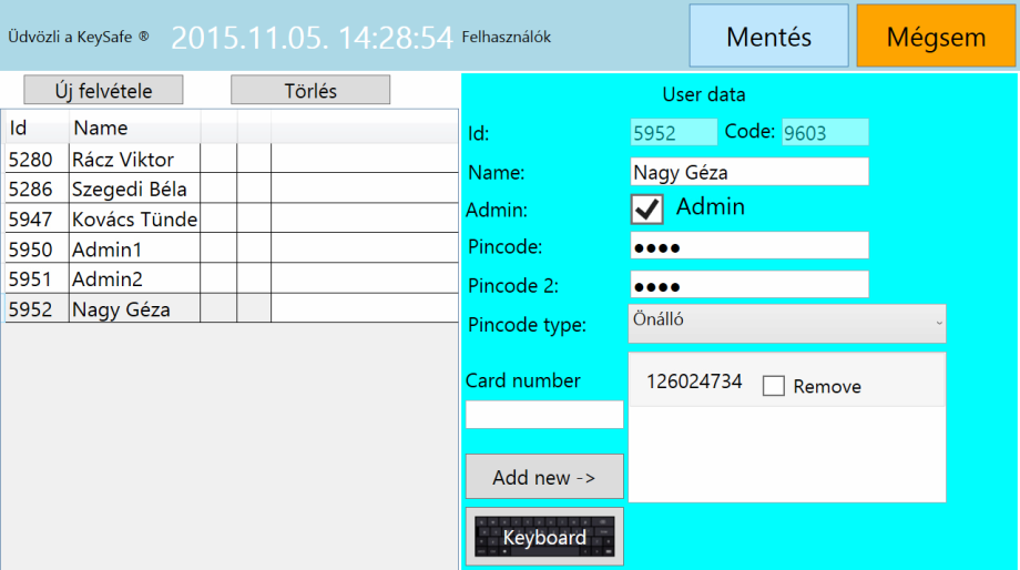 A szekrényben futó szoftver (KeySafe Cabinet Software) szolgáltatásai Admin felhasználóknak Admin jogokkal rendelkező kulcskártya A szekrényekhez adunk 2 db kulcskártyát, melyet az olvasónak