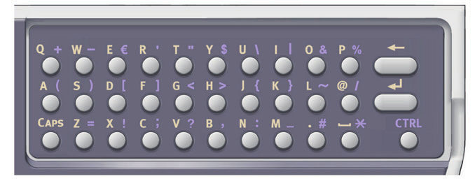 QWERTY BILLENTYŰZET (CSAK AZ MC562dn, MC562w, MC562dw, ES5462 MFP, ES5462dw MFP ÉS MPS2731mc TÍPUSNÁL) A QWERTY billentyűzet használatával is bevihetők kis- és nagybetűk, valamint szimbólumok.