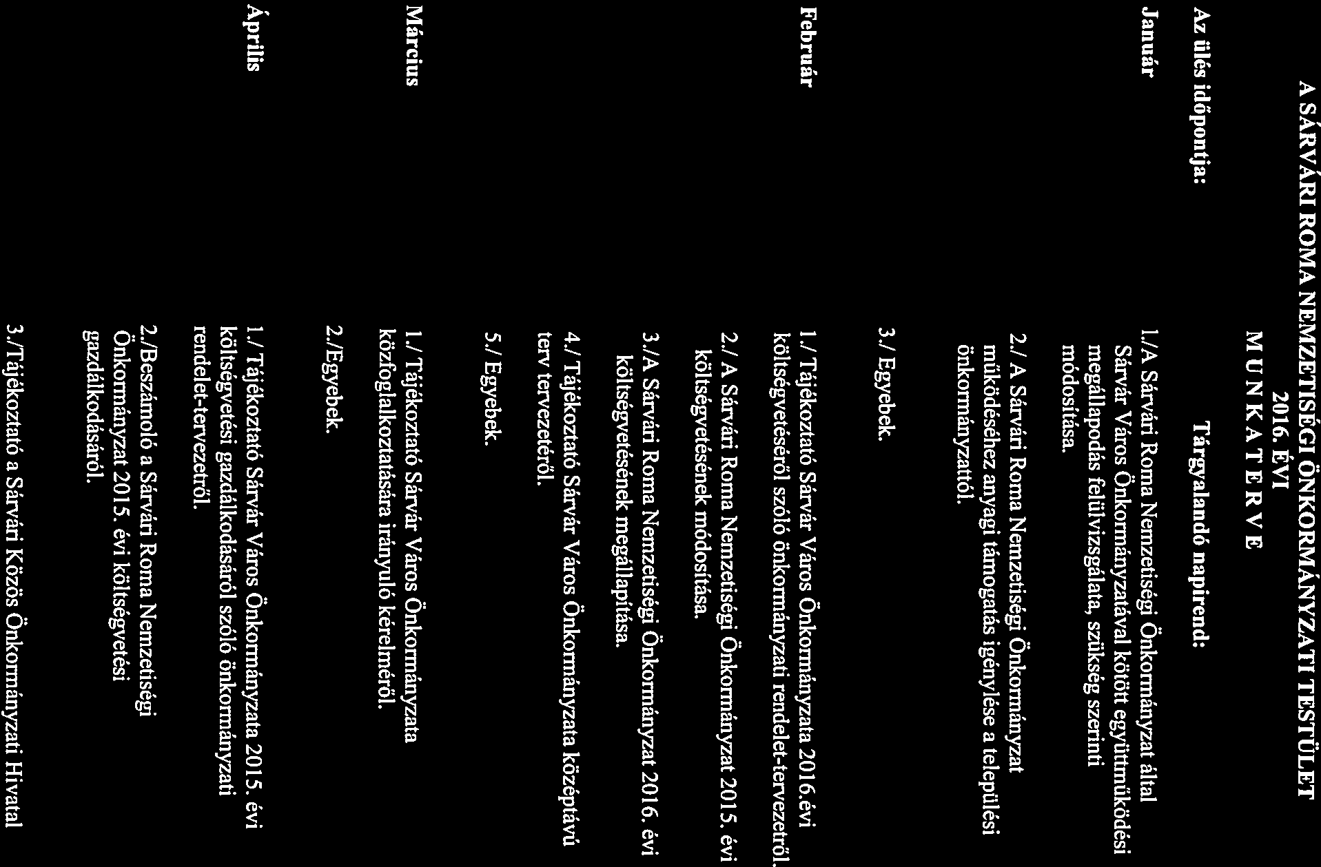 A SÁRVÁRI ROMA NEMZETISÉGI ÖNKORMÁNYZATI TESTÜLET 2016. ÉVI MUNKATERVE Az ülés időpontja: Január Tárgyalandó napirend: 1.