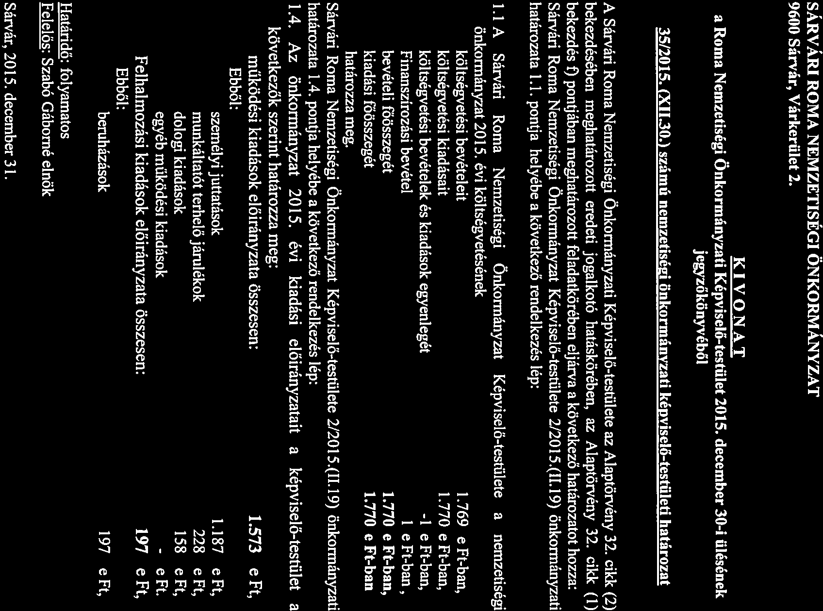 SÁRVÁRI ROMA NEMZETISÉGI ÖNKORMÁNYZAT 9600 Sárvár, Várkerület 2. KIVONAT a Roma Nemzetiségi Önkormányzati Képviselő-testület 2015. december 30-i ülésének jegyzőkönyvéből 35/2015. (XIL3O.