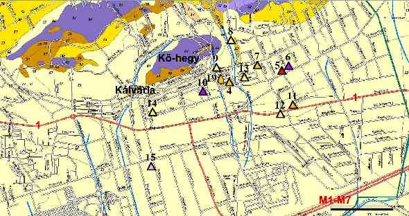 2. terület: Budaörsi mintavételi helyek Átlagos C Rn színkódok: Bö 1 fúrás (andezit/ lamprofír) Földtani felépítés felszínen és felszín alatt: Mintakódok 4. NU1 5. FU1 6. FU2 7. HU1 8. NaU1 9. ZPU1.