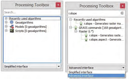 8. ábra. Haladó módba váltás a Processing Toolbox-ban és az r.