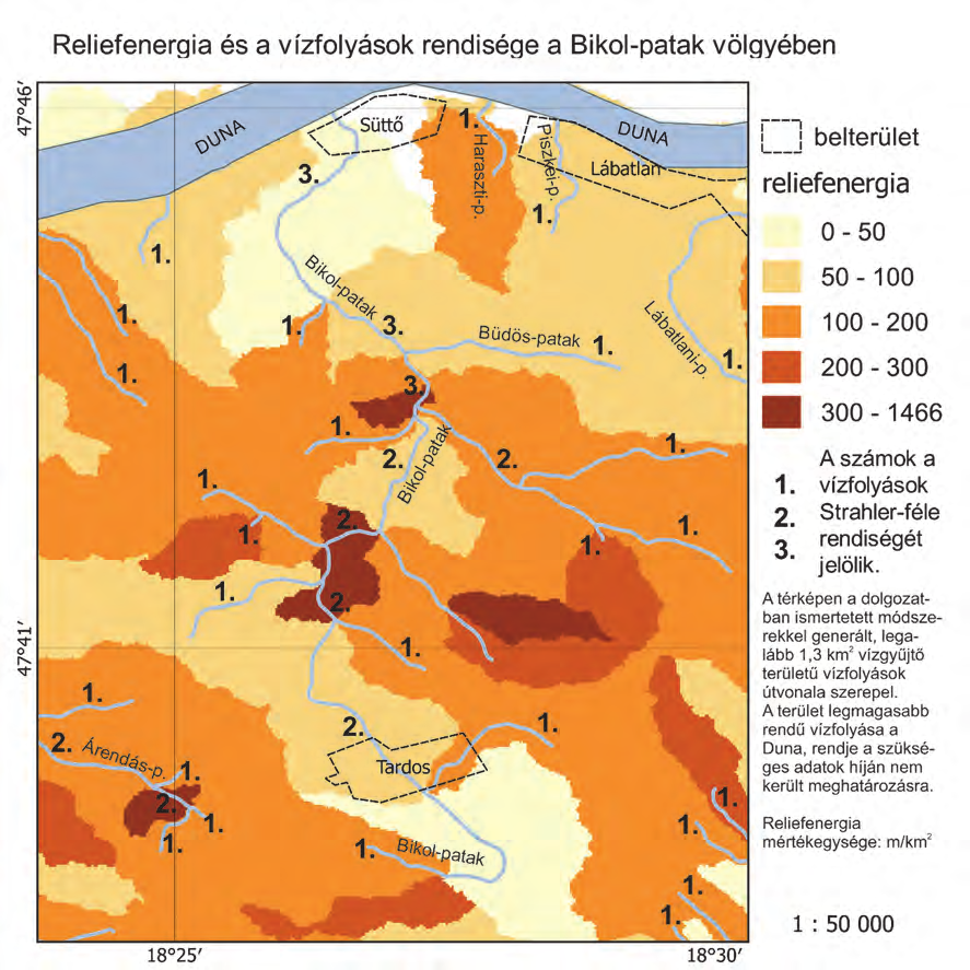 véleményem szerint már jóval pontosabb és szemléletesebb képet ad a vizek lefolyásáról a térkép. (22. ábra) Reliefenergia és a vízfolyások rendisége 23.