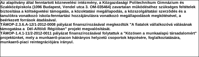 1. Szervezet azonosító adatai 1.1 Név 1.2 Székhely Irányítószám: 1 0 9 6 Település: Budapest Közterület neve: Vendel Közterület jellege: utca Házszám: Lépcsőház: Emelet: Ajtó: 3 1.