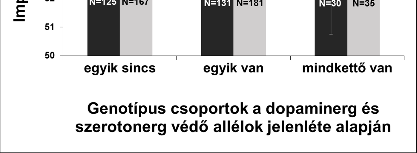 Az impulzivitás és a dopaminerg-szerotonerg polimorfizmusok összevont vizsgálata nemi bontásban Az Y-hibasávok a genotípus csoportok átlagos impulzivitás értékeinek standard hibáját jelölik.