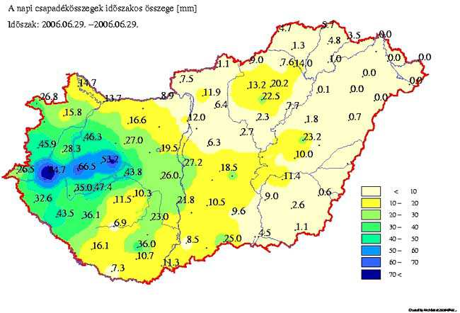 elérte az országot. A front mentén az előzőknél jóval gyengébb, de még így is jelentős csapadékot adó zivatarok alakultak ki, amelyek mögött végül stabilizálódott a levegő. A 2006.