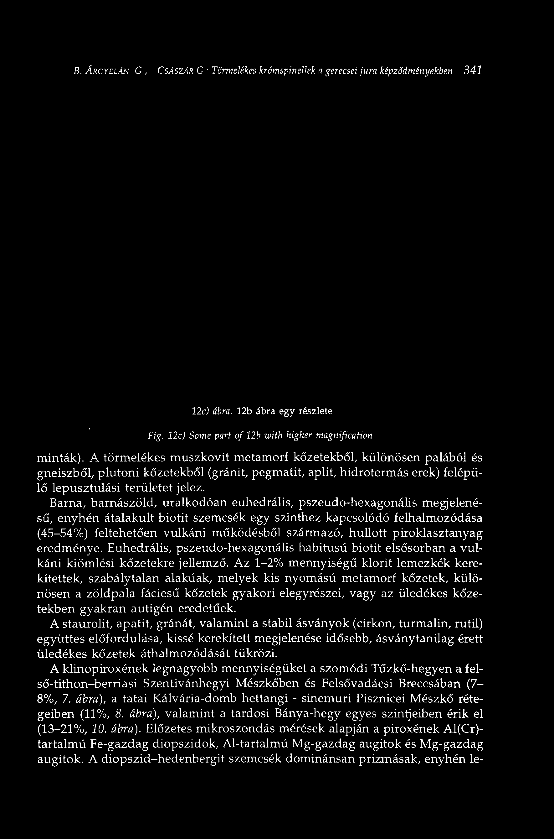 В. ÁRCYELÁN G., CSÁSZÁR G.: Törmelékes krómspinellek a gerecsei jura képződményekben 341 12c) ábra. 12b ábra egy részlete Fig. 12c) Some part of 12b with higher magnification minták).