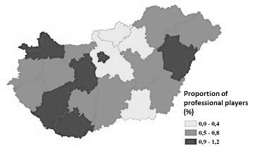 Fig. 3. The proportion of the professional football players according to the active football players by the adress of their employer club at the season of 2013-2014.