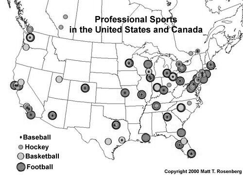 Fig. 4. The structure of the professional sport of the USA and Canada based on the four main sports. Source: http://geography.about.com/library/weekly/aa042700a.