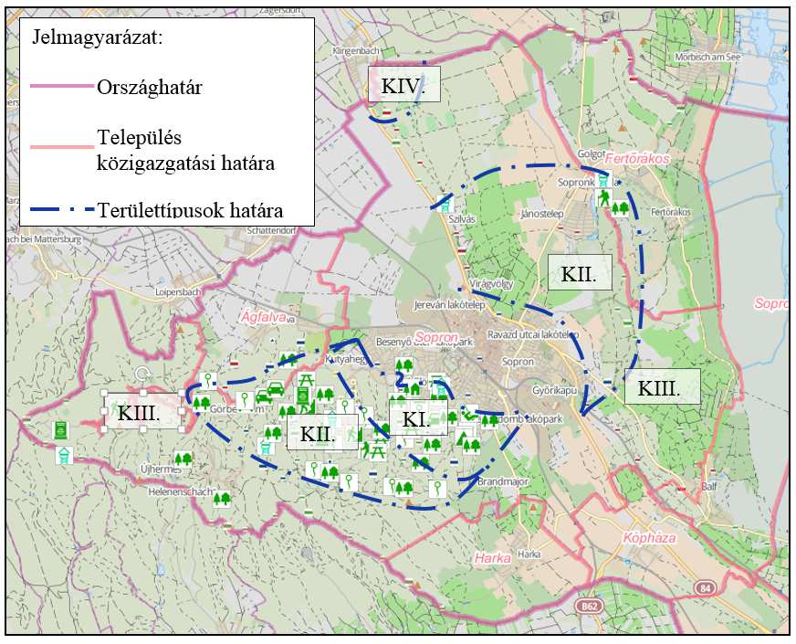 4. Összefoglalás 60. ábra: Fejlesztési területtípusok elhelyezkedése Sopron körzetében (K I. Intenzív hegyvidéki; K II. Átmeneti övezet; K III. Extenzív hegyvidéki; K IV.