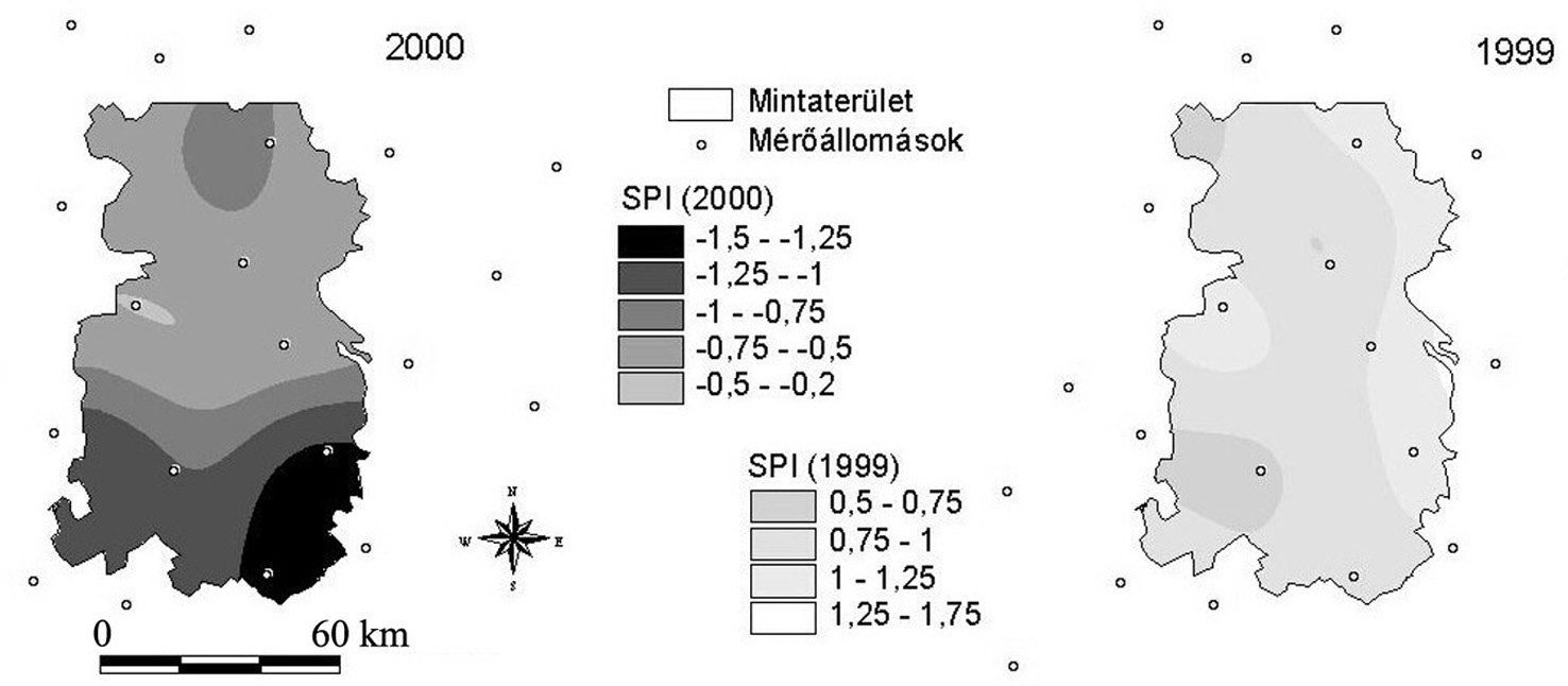 A szárazodás veszélyének többszempontú térbeli elemzése a Duna-Tisza közén 121 5. ábra 1970 2000 időszak évi átlagos SPI értékei Figure 5.