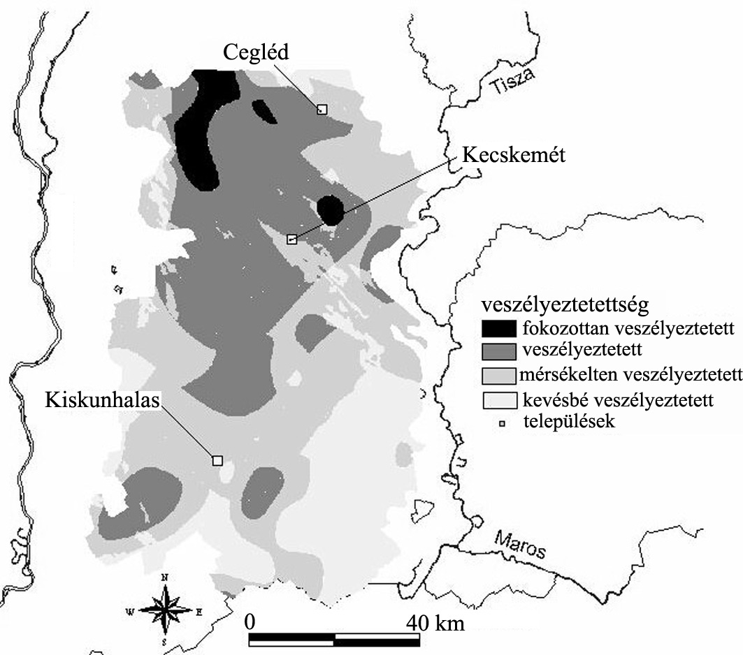A szárazodás veszélyének többszempontú térbeli elemzése a Duna-Tisza közén 125 10. ábra Veszélyeztetettségi kategóriák a mintaterületen Figure 10.
