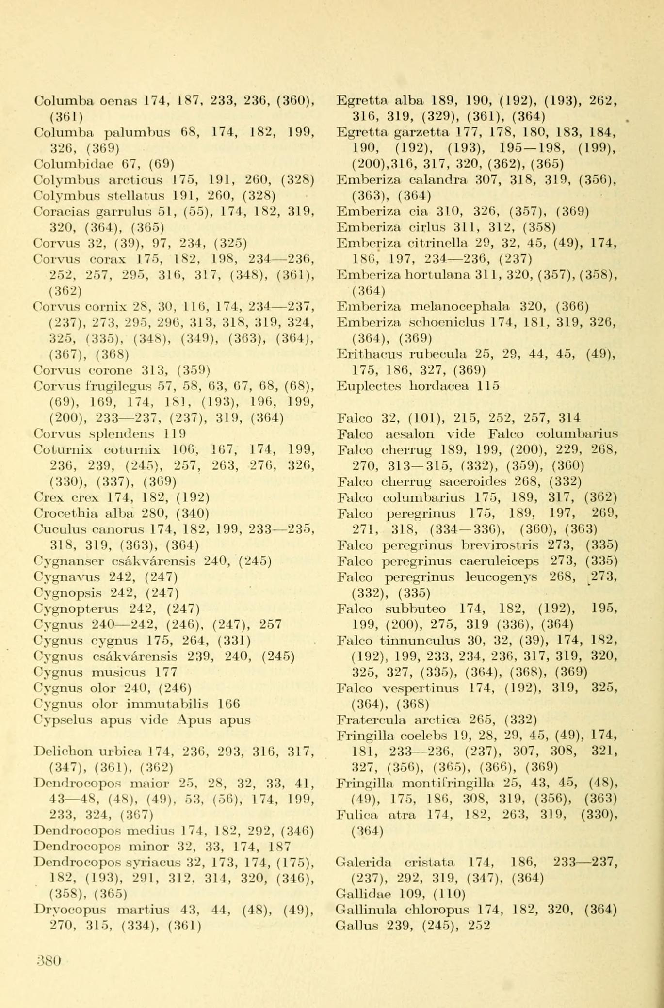 Cölumba oenas 174, 187, 233, 23«, (360), (361) Columba palumbus 68, 174, 182, 190, 326, (369) Columbidae 67, (69) Colymbus arotious 175, 191, 260, (328) Colymbus stellatus 191, 260, (328) Coracias