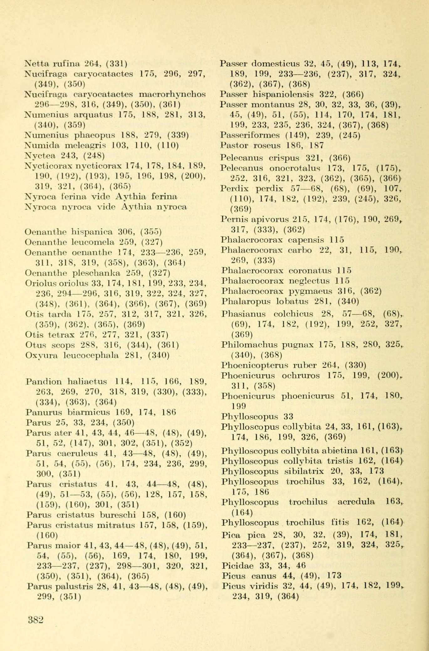 Netta rufina 264, (331) Nucifraga caryocatactes 175, 296, 297, (349), (350)" Nucifraga caryocatactes macrorhynchos 296 298, 3Í6, (349), (350), (361) Numenius arquatus 175, 188, 281, 313, (340), (359)