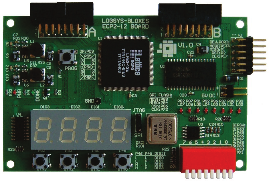 LOGSYS LOGSYS FPGA alapkártyák 15 17 10 11 1 9 18 2 12 13 16 4 5 14 8 3 6 7 2-17. ábra: A LOGSYS ECP2 FPGA kártya. A LOGSYS ECP2 FPGA kártya felépítése: 1. Lattice LFE2-12E-7TN144C típusú FPGA 2.