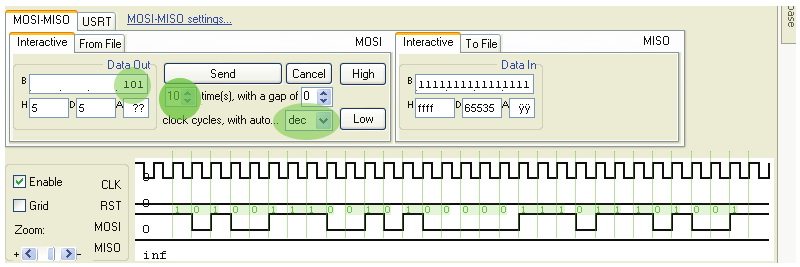 LOGSYS LOGSYS grafikus felhasználói interfész 4-1. táblázat: A MOSI-MISO üzemmód automatikus transzformációi. Transzformáció A Data Out mezőbe beírt értéket két ismétlés között.
