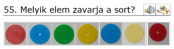 A két nyomógomb verbális segítséget nyújt a feladatról, az első gomb (hangszóró) a feladat szövegét olvassa fel, míg a második (bagoly) a feladat típusára vonatkozó segítséget nyújt.