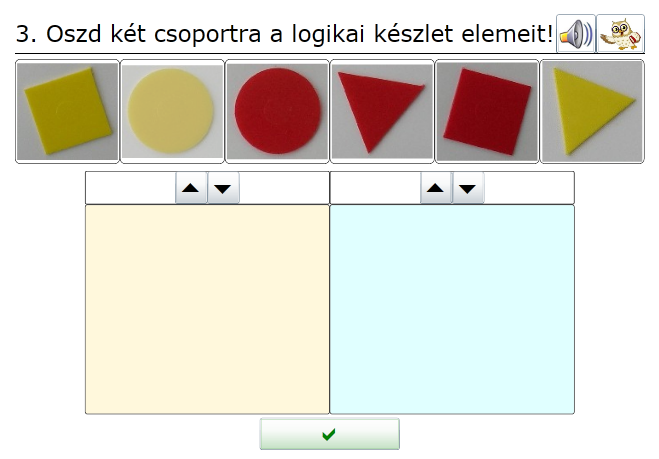 2.3. ADMINISZTRÁTOROKNAK 2.6. ábra. Példa halmazos játékra képek betehetők vagy kivehetők a csoportból. A feladat megoldása után az értékelést a zöld pipát ábrázoló gombbal lehet megkezdeni.