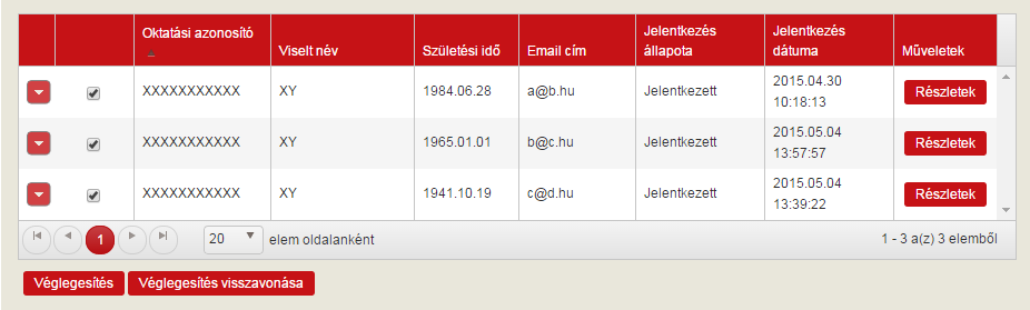 1.4.4 Jelentkeztetés véglegesítése több pedagógus esetében Az aleljárás részletei oldalon is lehetséges a jelentkezett pedagógusok jelentkezését véglegesíteni.