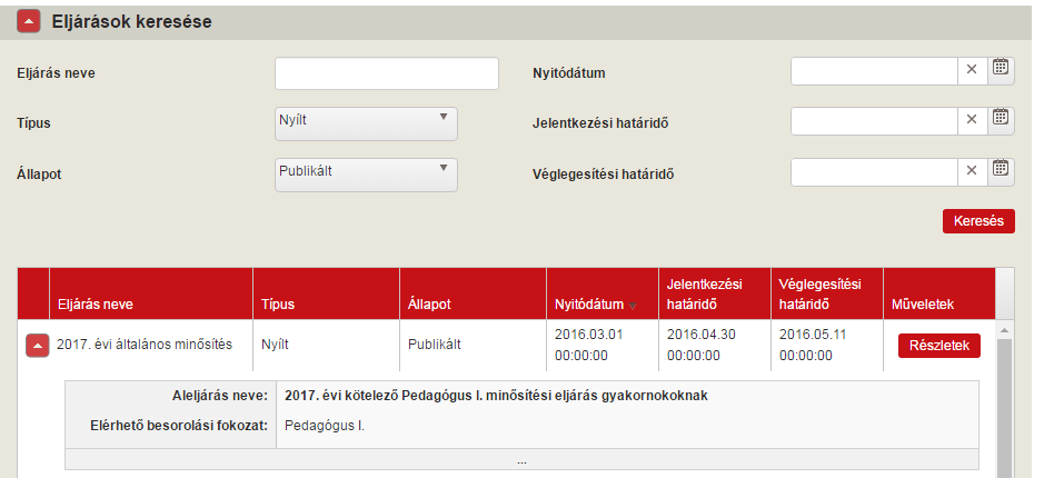 Az eljárás neve előtt található ikonra kattintva az adott évi aleljárások jeleníthetőek meg vagy zárhatóak be.