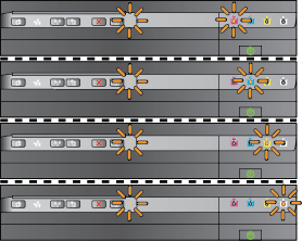Leírás és a jelzőfények állapota A tápellátás jelzőfénye világít, a riasztási jelzőfény villog, és a tintapatron jelzőfényei egymás után, balról jobbra villognak.