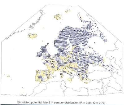 század vége -alsó ábra: XXI század vége a klíma modellek alapján Huntley et al.