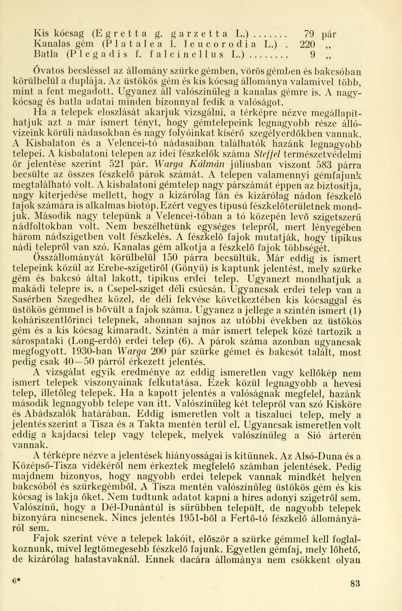 Kis (Egretta g. garzetta L.) 79 pár Kanalas (P 1 a t a 1 e a 1. leucorodia L.). 220,, Batla (P 1 e g a d i s f. falcinellus L.