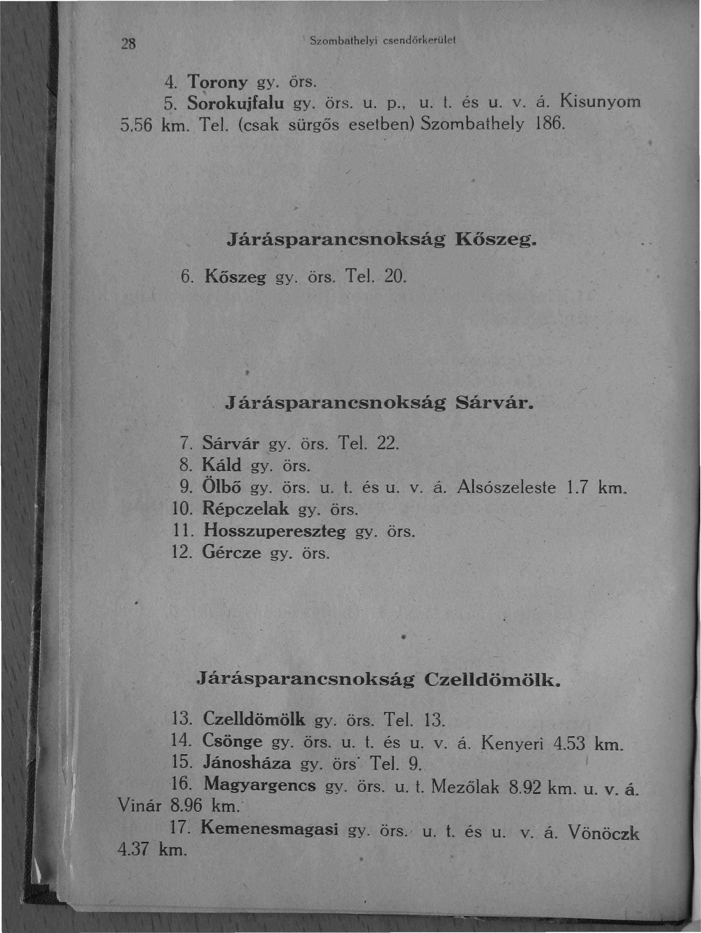 28 Szombathelyi csendörk~rület 4. Torony gy. örs. 5. Sorokujfalu gy. örs. u. p. u. t. és u. v. á. Kisunyom 5.56 km. Tel. (csak sürgős esetben) Szombathely 186. ~ J" árásparancsnokság Kőszeg. 6.