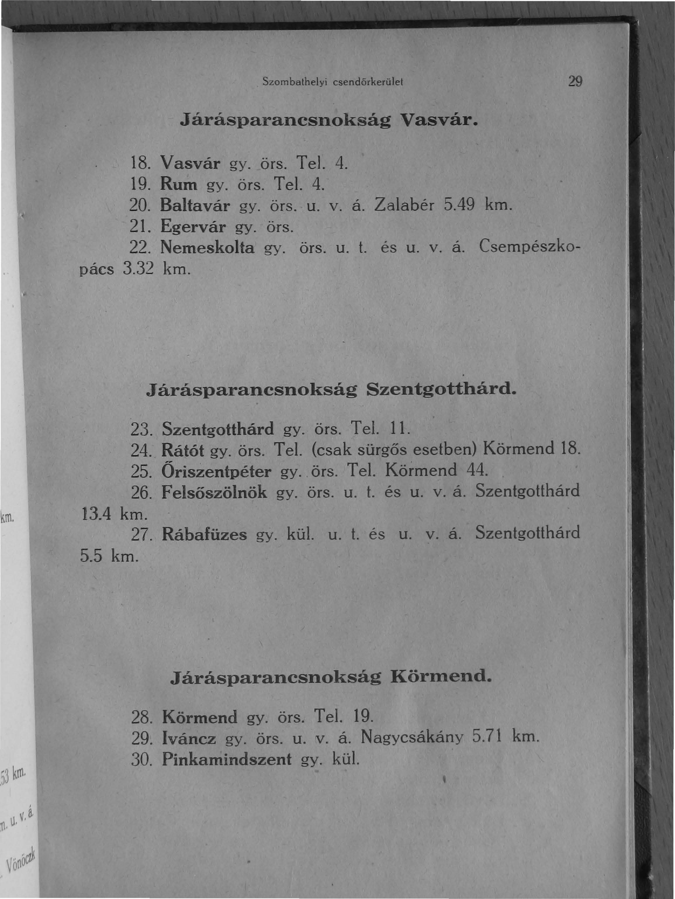 Szombathelyi csendórkerület 29.J árásparancsnokság Vasvár. 18. Vasvár gy. örs. Tel. 4. 19. Rum gy. örs. Tel. 4. 20. Baltavár gy. örs. u. v. á. Zalabér 5.49 km. 21. Egervár gy. örs. 22. Nemeskolta gy.