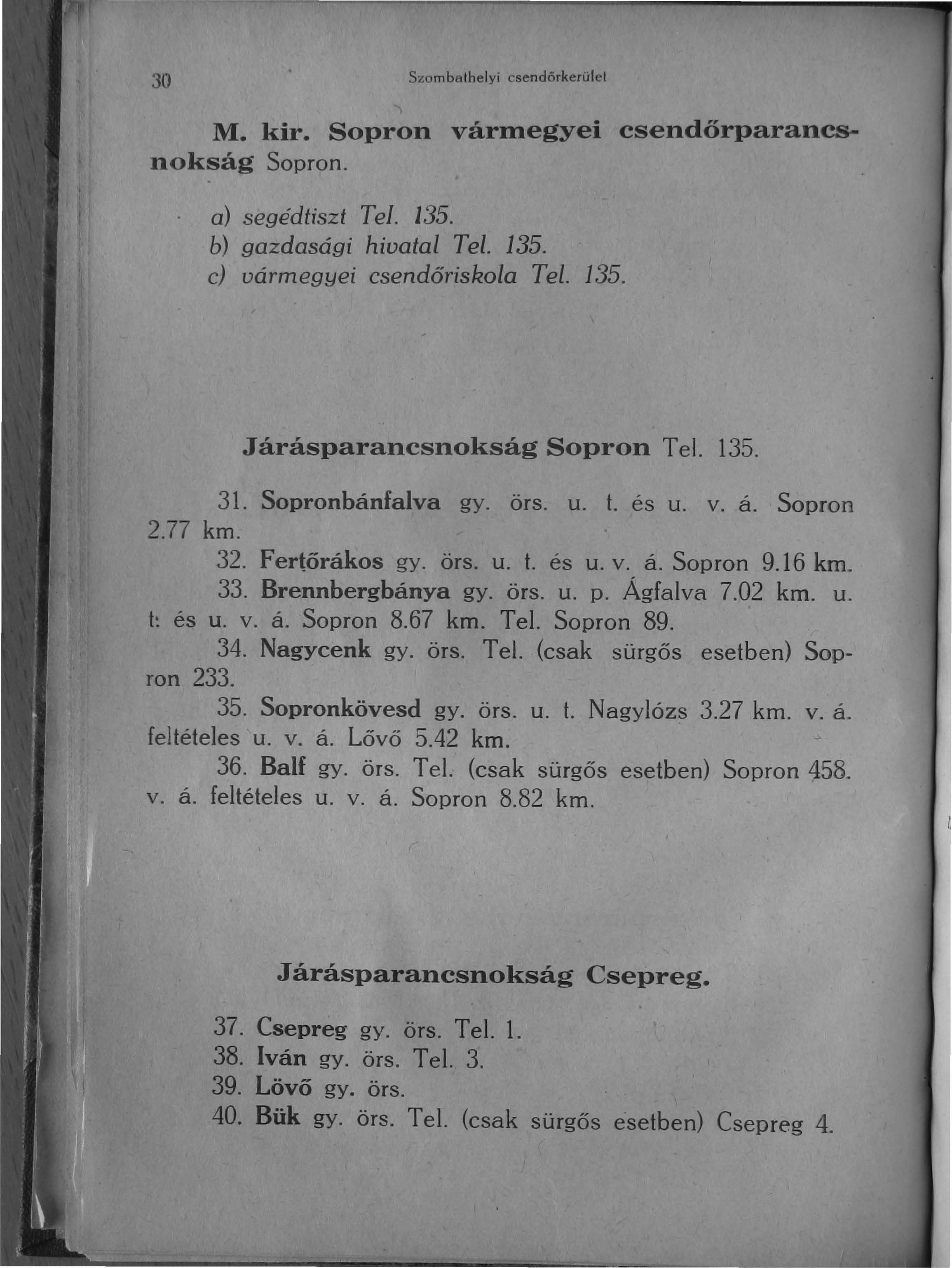 30 Szombathelyi csendörkerület M. kir. Sopron vármegyei csendőrparancsnokság Sopron. a) segédtiszt Tel. 135. b) gazdasági hivatal Tel. 135. c) vármegyei csendőriskola Tel. 135..Járásparancsnokság Sopron Tel.