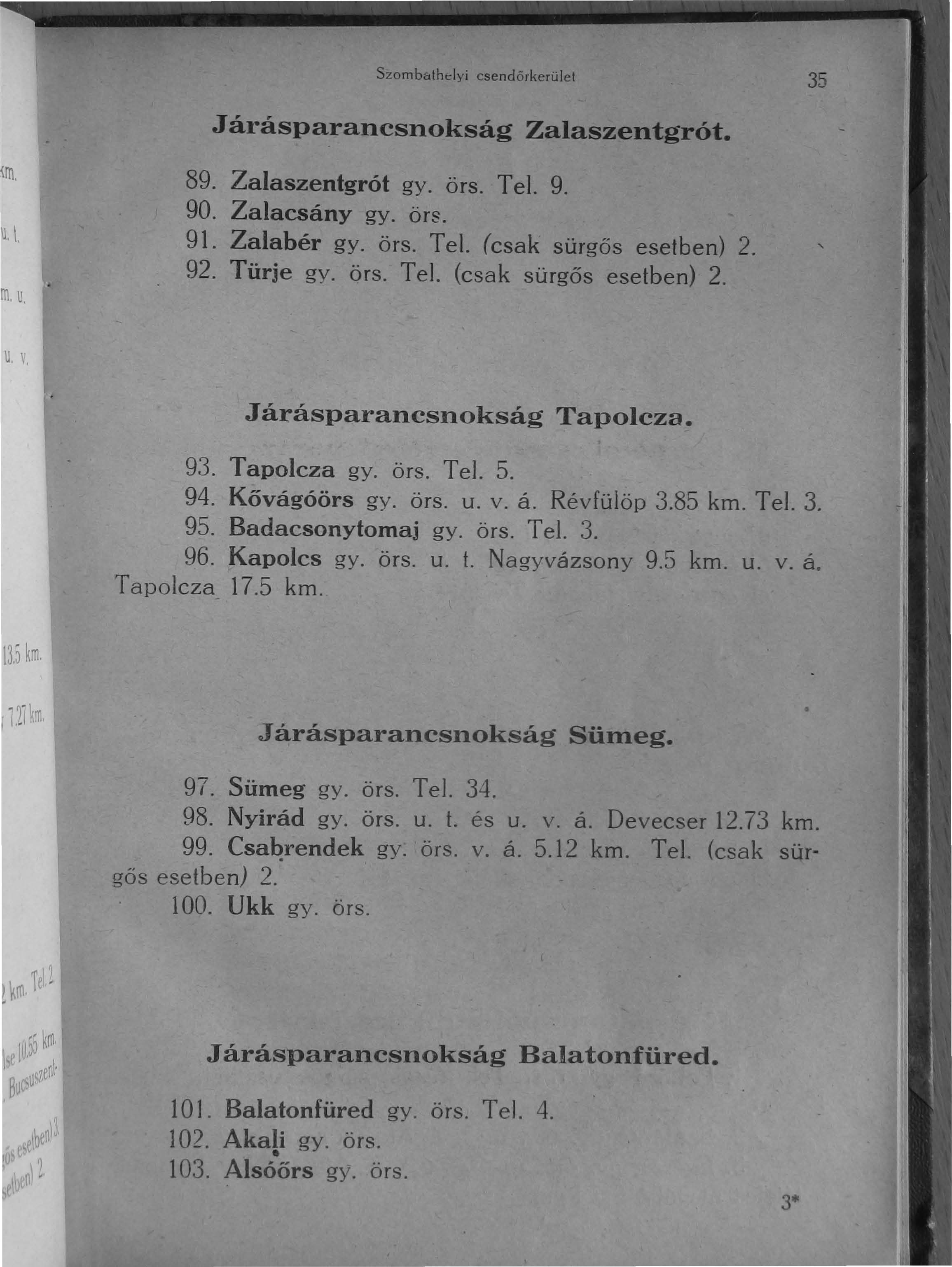 Szombathdyi csendorkerület 35 Járásparancsnokság Zalaszentgrót. 89. Zalaszentgrót gy. örs. Tel. 9. 90. Zalacsány gy. örs. 91. Zalabér gy. örs. Tel. (csak sürgős esetben) 2.