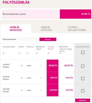 - A táblázat folyószámlánként mutatja azokat a számla adatokat, melyek az egy folyószámlás esetben is láthatóak.