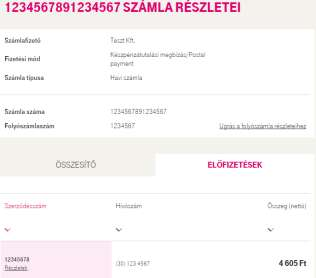 FOLYÓSZÁMLA-KEZELŐ, ADMINISZTRÁTOR Számla részletek (havi számla, késedelmikamat-értesítő esetén) Előfizetések fül Az Előfizetések fülre kattintva egy kis táblázatban feltüntetésre kerülnek az adott
