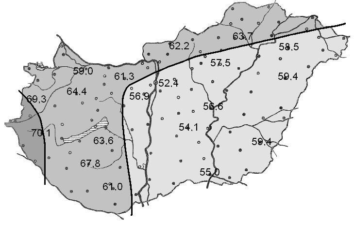 ÉGHAJLATI KÖRZETEK, ÉGHAJLATI POTENCIÁL középértékeknek a fokozatos csökkenése figyelhetı meg, s feltehetıen itt is van egy 16 fok és 16,5 fok közötti értékekkel határolt zóna, amelyet azonban egy