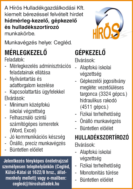 Jelentkezés sms-ben! 06-30/549-1364, 06-30/549-0282 VILLANYSZERELŐI végzettséggel rendelkező szakembereket keresünk Ceglédre, magas bérezéssel. Önéletrajzokat várjuk az allashirdetes2017@ freemail.