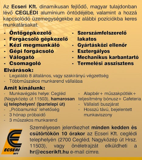 Jelentkezni: 06-53/312-242, 06-20/468-35-68 TÁPIÓSZŐLŐSRE fémmegmunkáló partnercégünkhöz összeszerelőket és betanított munkásokat keresünk 3 műszakba.