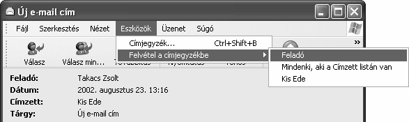 Egy levél címzésében szereplő e-mail cím Címjegyzékbe történő felvételéhez, a